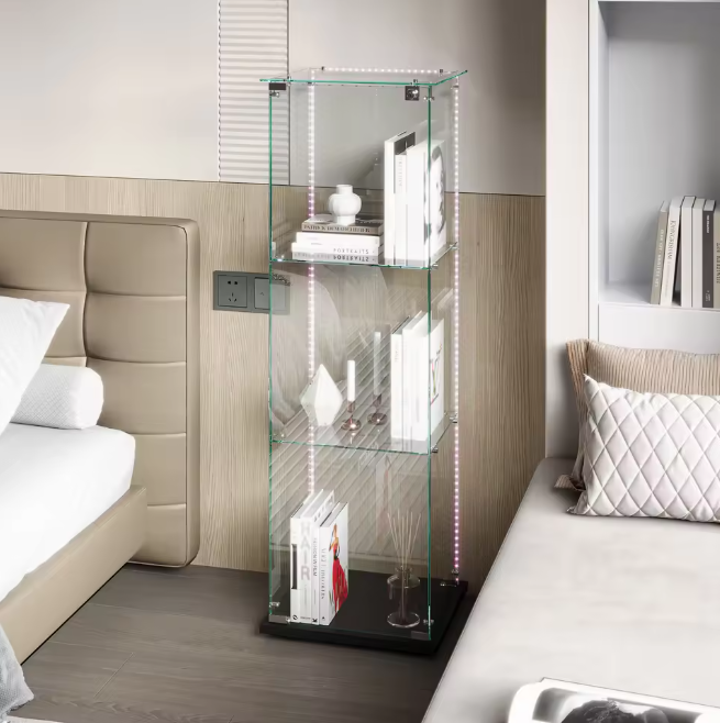 Glazen Vitrinekast met LED – Enkele Deur en 5 Legplanken, Zwart