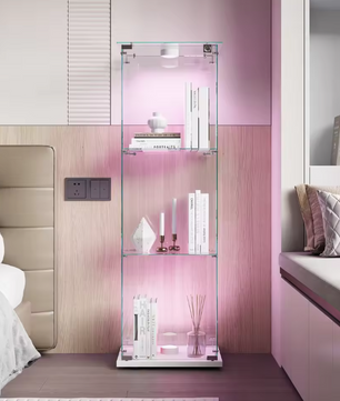 Glazen Vitrinekast met LED – Enkele Deur en 5 Legplanken, Zwart