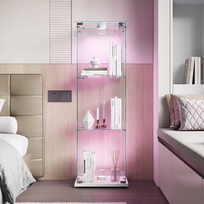 Glazen Vitrinekast met LED – Enkele Deur en 5 Legplanken, Zwart