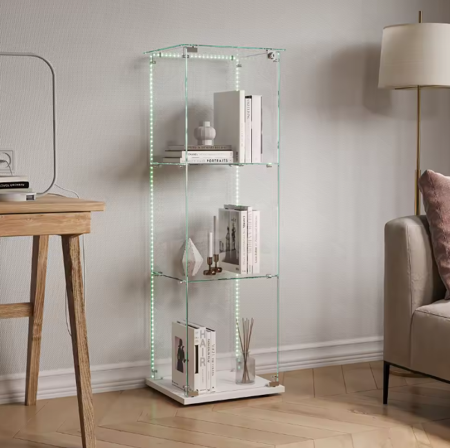Glazen Vitrinekast met LED – Enkele Deur en 5 Legplanken, Zwart