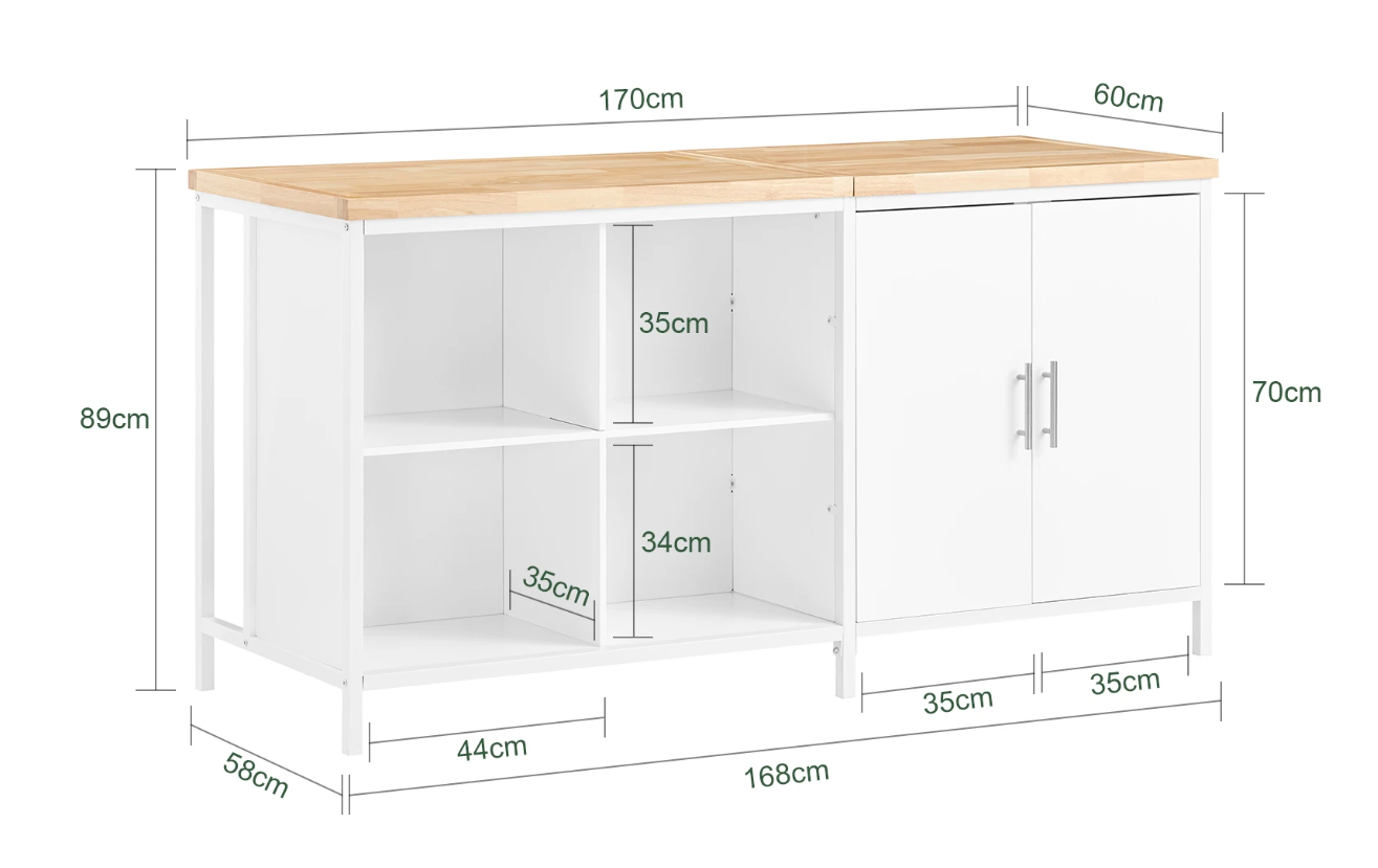 Vrijstaand Keukeneiland met Opbergruimte – MDF en Metaal, Ruim Werkblad 170×89×60 cm