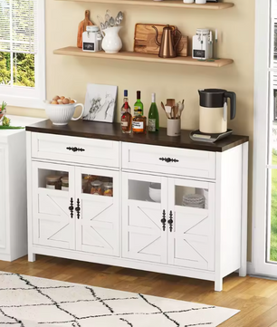 Modern Wit Sideboard met Glasdeuren – Buffetkast met Laden en Opbergruimte 140×39×90 cm