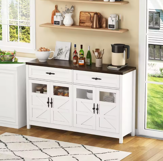 Modern Wit Sideboard met Glasdeuren – Buffetkast met Laden en Opbergruimte 140×39×90 cm