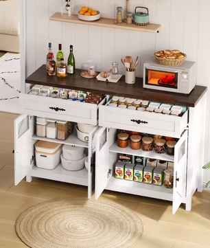 Modern Wit Sideboard met Glasdeuren – Buffetkast met Laden en Opbergruimte 140×39×90 cm