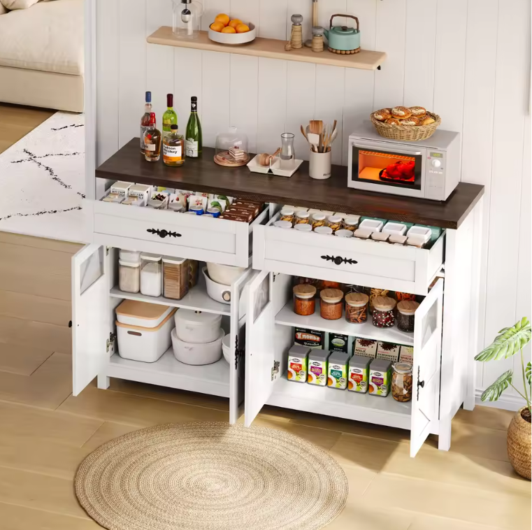 Modern Wit Sideboard met Glasdeuren – Buffetkast met Laden en Opbergruimte 140×39×90 cm