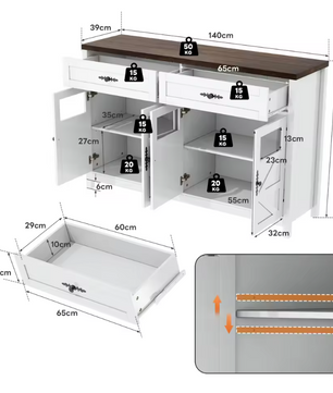 Modern Wit Sideboard met Glasdeuren – Buffetkast met Laden en Opbergruimte 140×39×90 cm