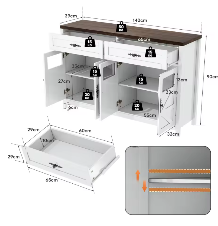 Modern Wit Sideboard met Glasdeuren – Buffetkast met Laden en Opbergruimte 140×39×90 cm