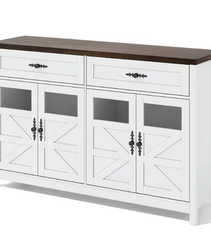 Modern Wit Sideboard met Glasdeuren – Buffetkast met Laden en Opbergruimte 140×39×90 cm