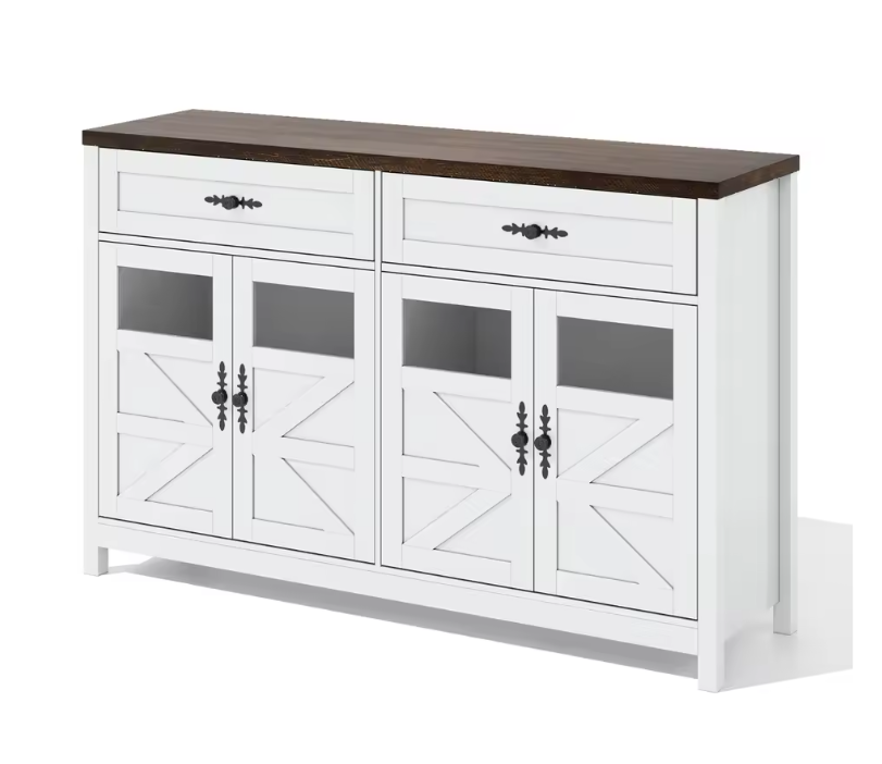 Modern Wit Sideboard met Glasdeuren – Buffetkast met Laden en Opbergruimte 140×39×90 cm