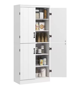 Witte Hoge Keukenkast met 4 Deuren – Buffetkast met 6 Planken 76×40×177 cm