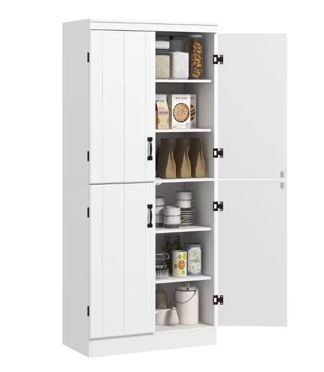 Witte Hoge Keukenkast met 4 Deuren – Buffetkast met 6 Planken 76×40×177 cm