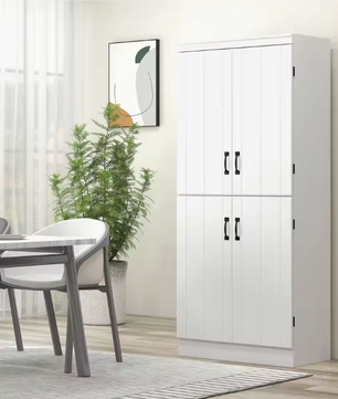 Witte Hoge Keukenkast met 4 Deuren – Buffetkast met 6 Planken 76×40×177 cm