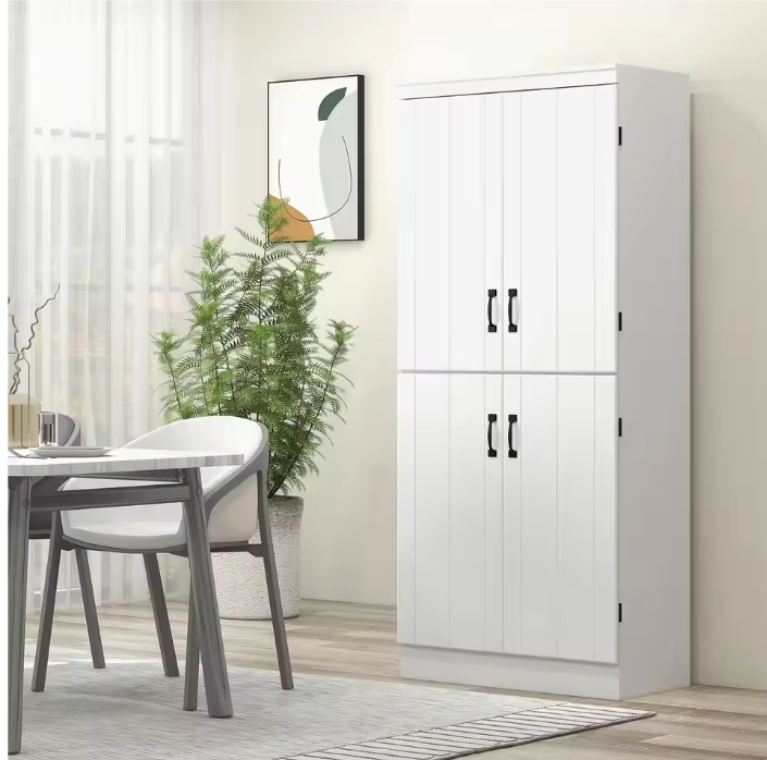 Witte Hoge Keukenkast met 4 Deuren – Buffetkast met 6 Planken 76×40×177 cm