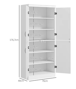 Witte Hoge Keukenkast met 4 Deuren – Buffetkast met 6 Planken 76×40×177 cm