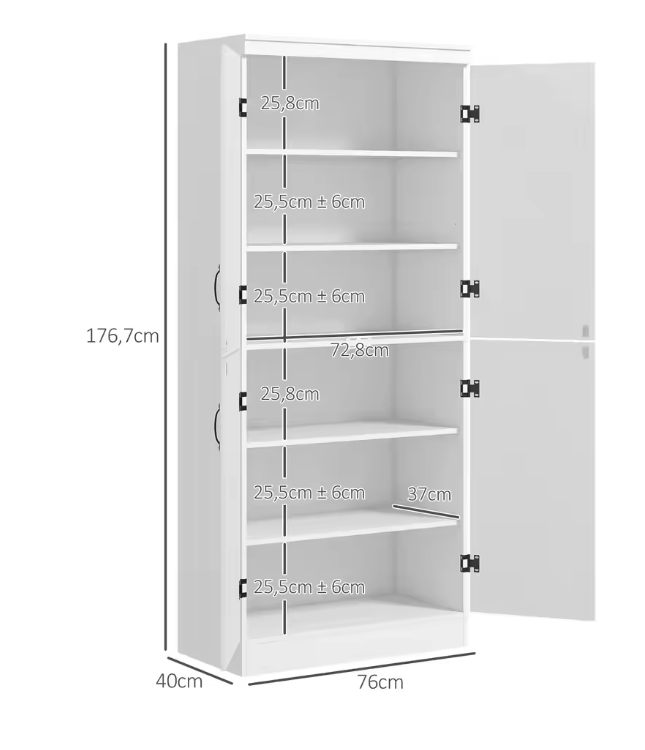 Witte Hoge Keukenkast met 4 Deuren – Buffetkast met 6 Planken 76×40×177 cm