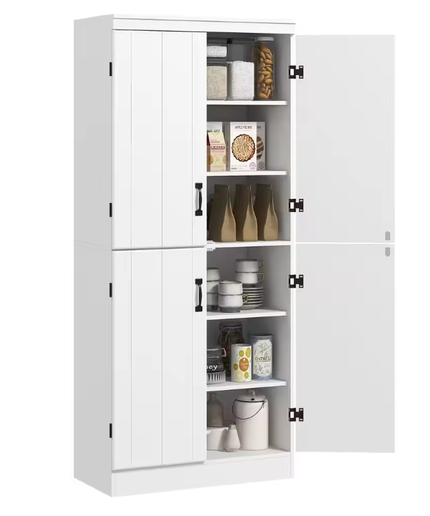 Witte Hoge Keukenkast met 4 Deuren – Buffetkast met 6 Planken 76×40×177 cm