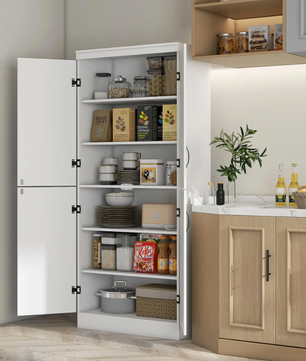 Witte Hoge Keukenkast met 4 Deuren – Buffetkast met 6 Planken 76×40×177 cm