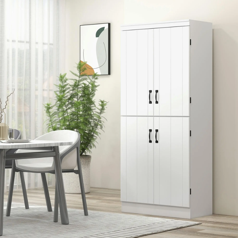 Witte Hoge Keukenkast met 4 Deuren – Buffetkast met 6 Planken 76×40×177 cm