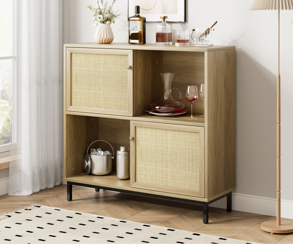 Rotan Sideboard met Schuifdeur – Buffetkast met 4 Opbergvakken