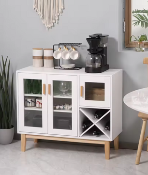 Wit Keukensideboard met Glazen Deuren en Wijnrek – 90×37×75 cm