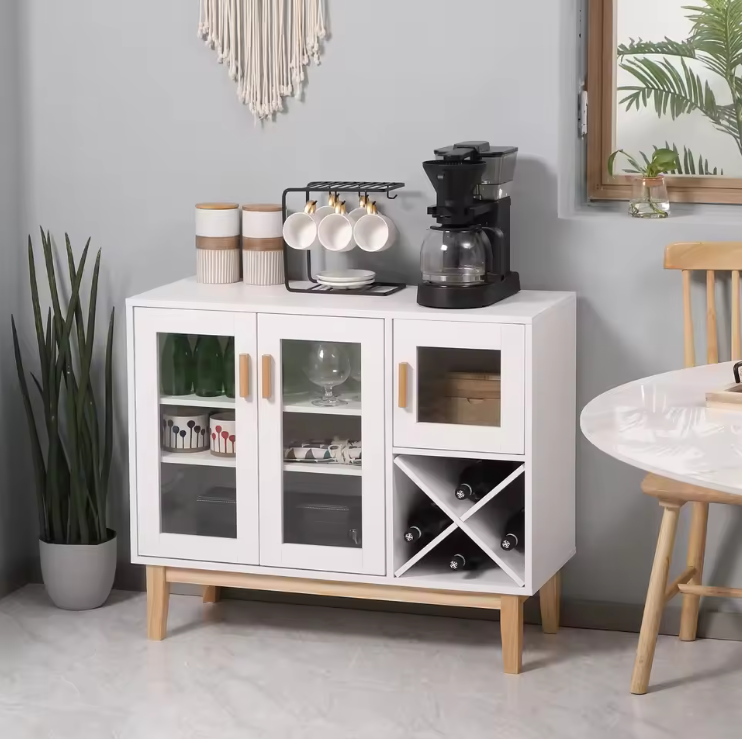 Wit Keukensideboard met Glazen Deuren en Wijnrek – 90×37×75 cm