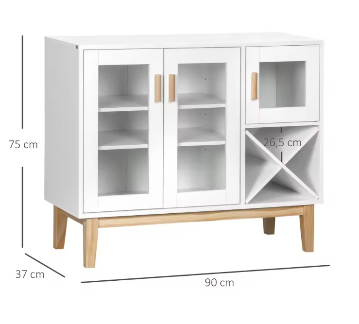 Wit Keukensideboard met Glazen Deuren en Wijnrek – 90×37×75 cm