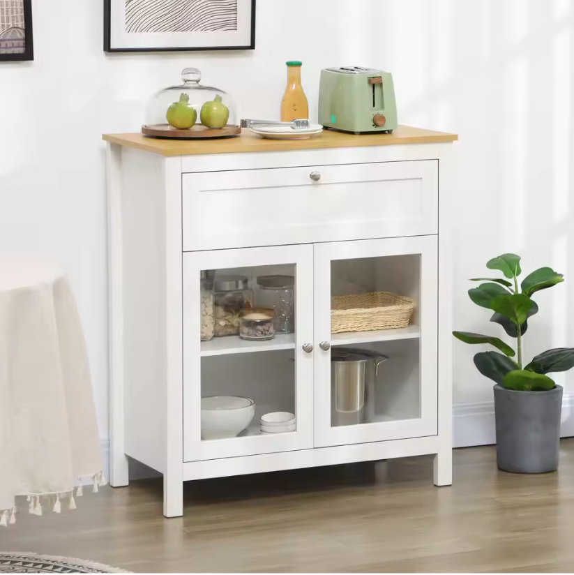 Moderne Witte Buffetkast met Glazen Deuren en Lade – 80×40×90 cm