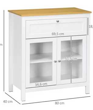 Moderne Witte Buffetkast met Glazen Deuren en Lade – 80×40×90 cm
