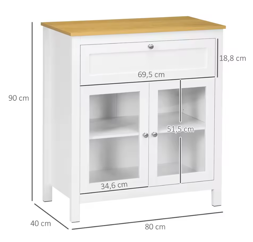 Moderne Witte Buffetkast met Glazen Deuren en Lade – 80×40×90 cm