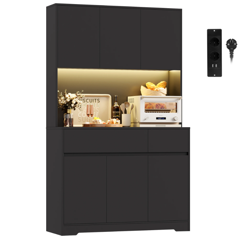 Hoge Keukenkast met LED en Stopcontact – 6 Deuren, 2 Lades, 180×100×38,5 cm