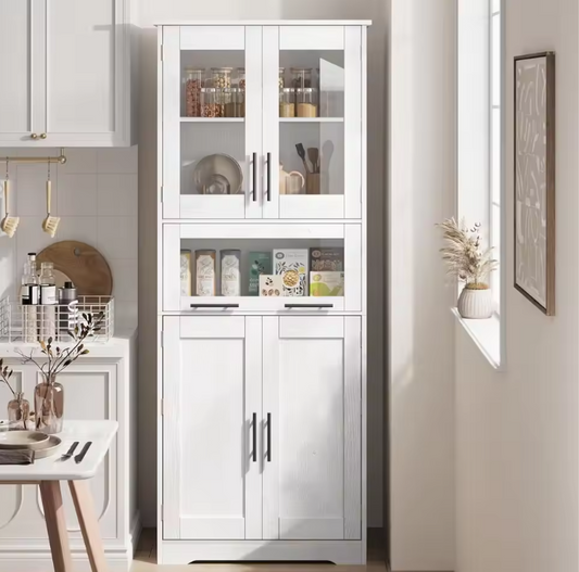 Hoge Opbergkast met Glazen Deuren – Vrijstaand en Verstelbare Planken