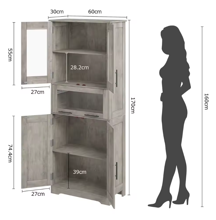 Hoge Opbergkast met Glazen Deuren – Vrijstaand en Verstelbare Planken