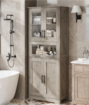 Hoge Opbergkast met Glazen Deuren – Vrijstaand en Verstelbare Planken