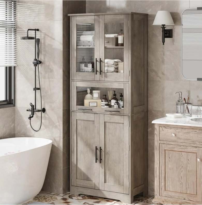 Hoge Opbergkast met Glazen Deuren – Vrijstaand en Verstelbare Planken