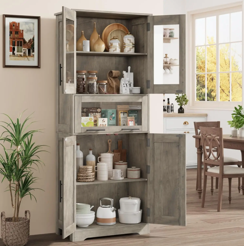 Hoge Opbergkast met Glazen Deuren – Vrijstaand en Verstelbare Planken