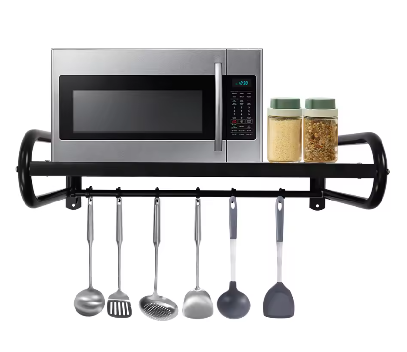 Wandrek voor Magnetron – Zwart Staal en Haakjes, Ruimtebesparend en Stevig