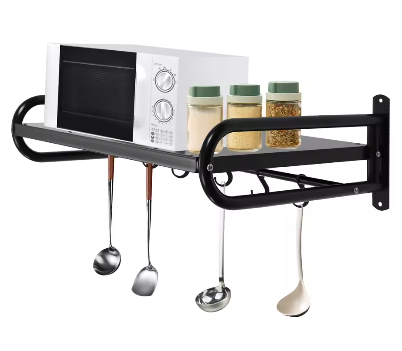 Wandrek voor Magnetron – Zwart Staal en Haakjes, Ruimtebesparend en Stevig