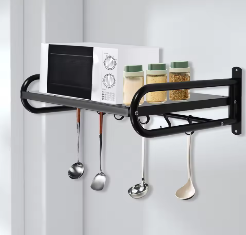 Wandrek voor Magnetron – Zwart Staal en Haakjes, Ruimtebesparend en Stevig
