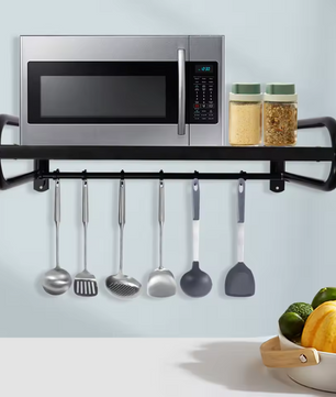 Wandrek voor Magnetron – Zwart Staal en Haakjes, Ruimtebesparend en Stevig