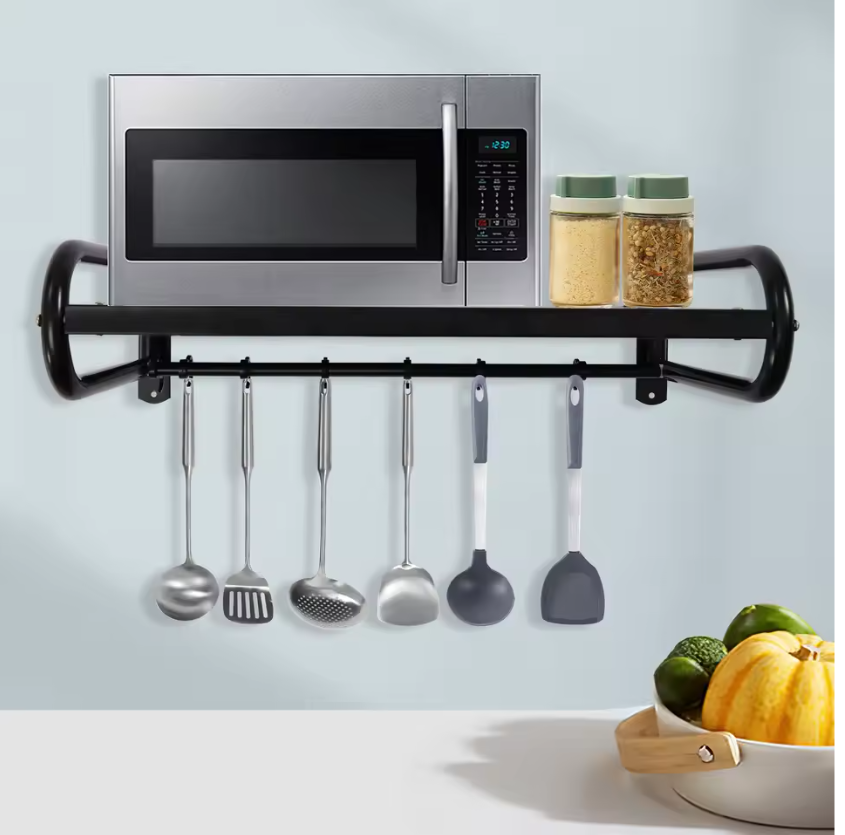 Wandrek voor Magnetron – Zwart Staal en Haakjes, Ruimtebesparend en Stevig
