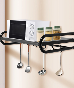 Wandrek voor Magnetron – Zwart Staal en Haakjes, Ruimtebesparend en Stevig