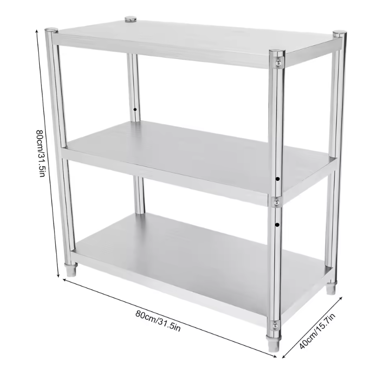 3-laags RVS Keukenrek – Vrijstaand Opbergrek 80×80×40 cm, Stevig en Ruimtebesparend