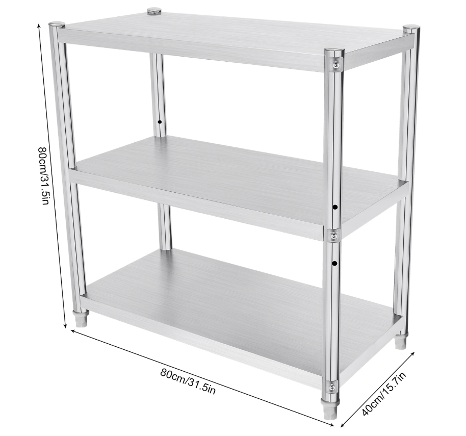 3-laags RVS Keukenrek – Vrijstaand Opbergrek 80×80×40 cm, Stevig en Ruimtebesparend