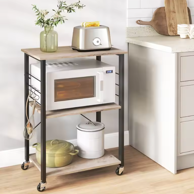 3-Laags Keukentrolley met Haakjes – Metalen Frame en Verplaatsbare Wielen