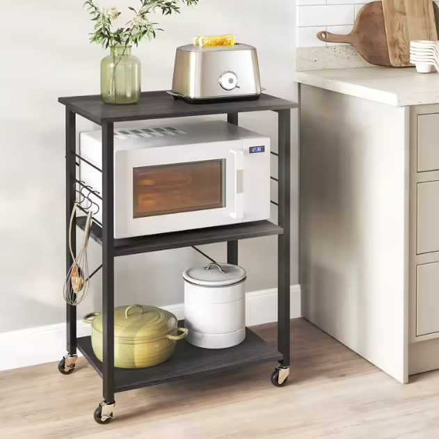 3-Laags Keukentrolley met Haakjes – Metalen Frame en Verplaatsbare Wielen