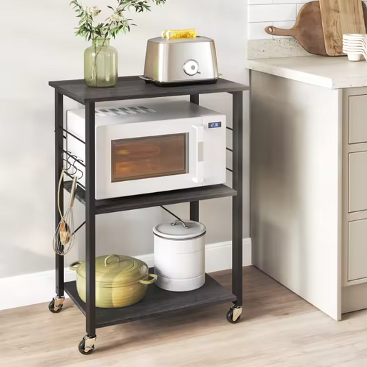 3-Laags Keukentrolley met Haakjes – Metalen Frame en Verplaatsbare Wielen