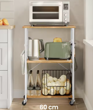 3-Laags Keukentrolley met Haakjes – Metalen Frame en Verplaatsbare Wielen