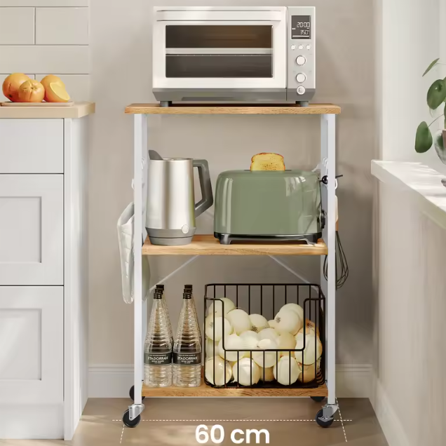 3-Laags Keukentrolley met Haakjes – Metalen Frame en Verplaatsbare Wielen