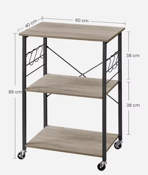3-Laags Keukentrolley met Haakjes – Metalen Frame en Verplaatsbare Wielen