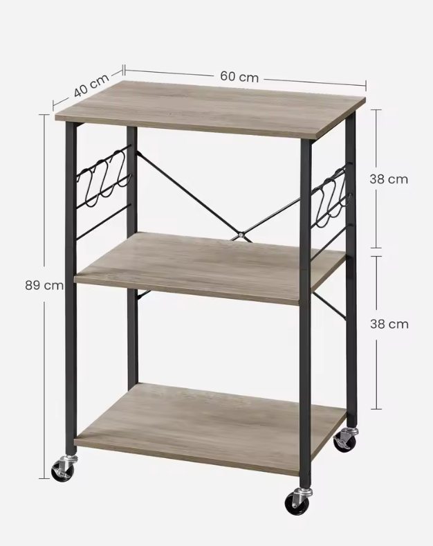 3-Laags Keukentrolley met Haakjes – Metalen Frame en Verplaatsbare Wielen